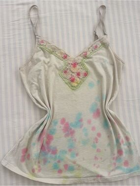 American Eagle Outfitters Cream Tie-Dye Lace-Trim Cami with Pink & Blue Accents